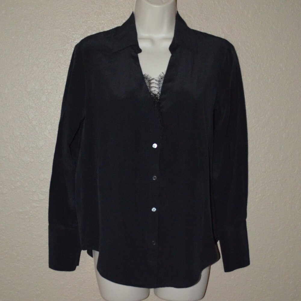$398 Sz XS Brochu Walker Black Silk Long Sleeve Lace Detail Blouse